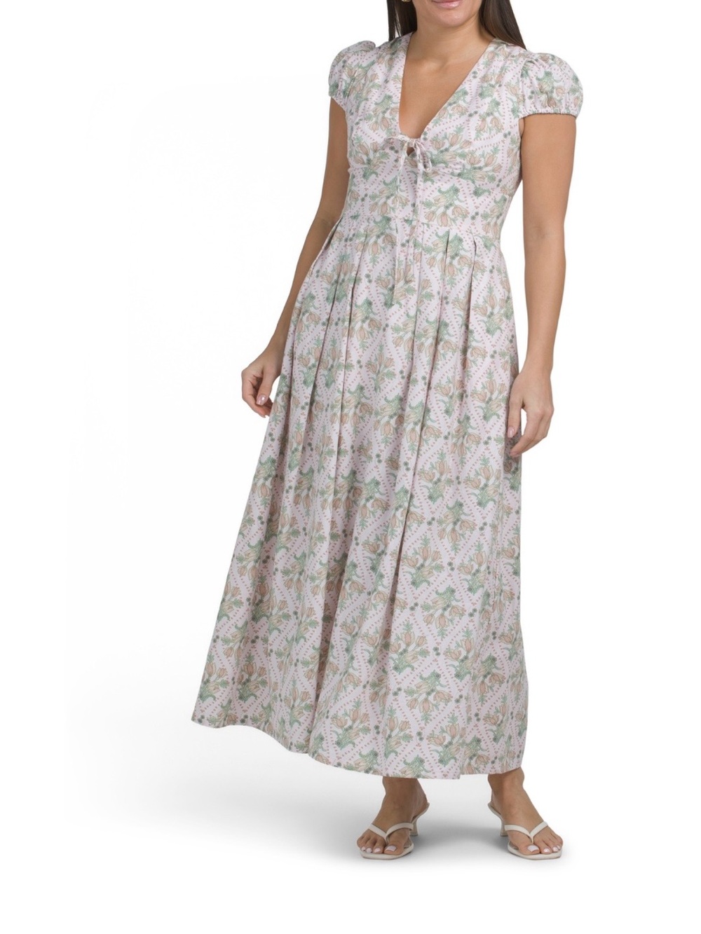 Avec Les Filles Pastel Pink and Green Floral Tie-Front Maxi Dress